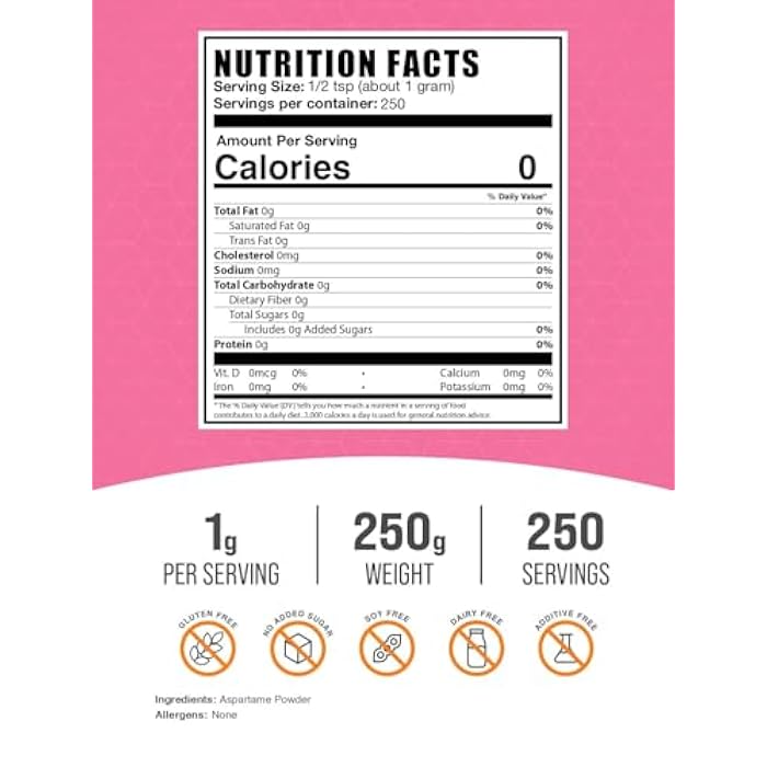 BulkSupplements مسحوق الأسبارتام من BulkSupplements.com - محلي الأسبارتام، بديل السكر للخبز، بديل السكر - نقي وخالي من الغلوتين، 1 جرام لكل حصة، 250 جرام (8.8 أونصة) (عبوة من 1) - Image 2
