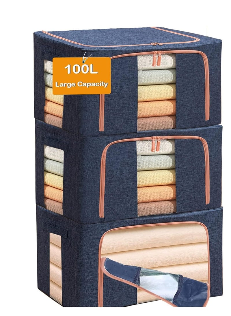 TRASSLE 3 Pack Large Capacity Clothes Storage Bags,Stackable Storage Organizer with Foldable Metal Frame, Zipper, Handles, Clear Window, Large Storage Bins for Comforters, Blankets  - Image 1