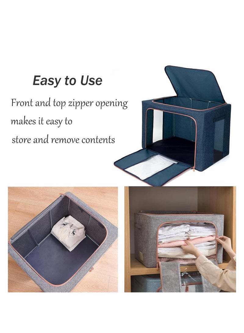 TRASSLE 3 Pack Large Capacity Clothes Storage Bags,Stackable Storage Organizer with Foldable Metal Frame, Zipper, Handles, Clear Window, Large Storage Bins for Comforters, Blankets  - Image 2