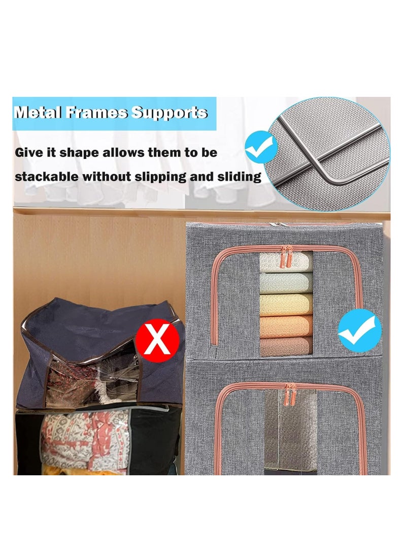 TRASSLE 3 Pack Large Capacity Clothes Storage Bags,Stackable Storage Organizer with Foldable Metal Frame, Zipper, Handles, Clear Window, Large Storage Bins for Comforters, Blankets  - Image 4