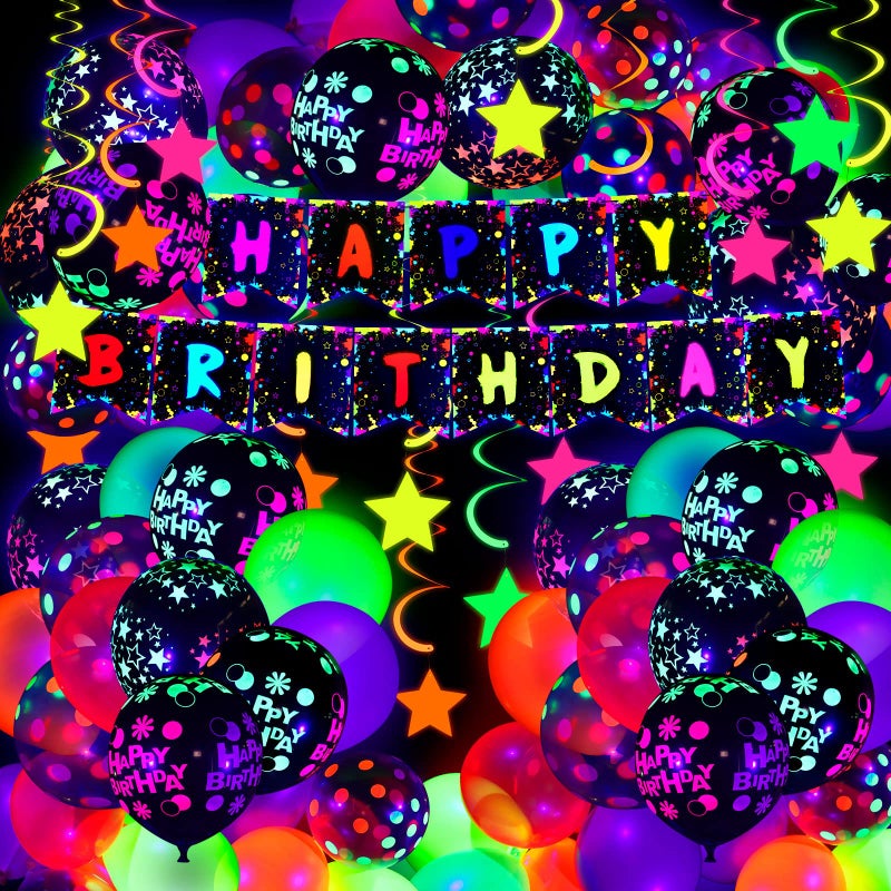 Jetec 71 Pcs Neon Birthday Party Supplies Decorations Include Clear Glow in the Dark Balloons UV Neon Balloons Star Hanging Swirls Happy Birthday Banner Festival Accessory Glow Party Supplies - Image 2