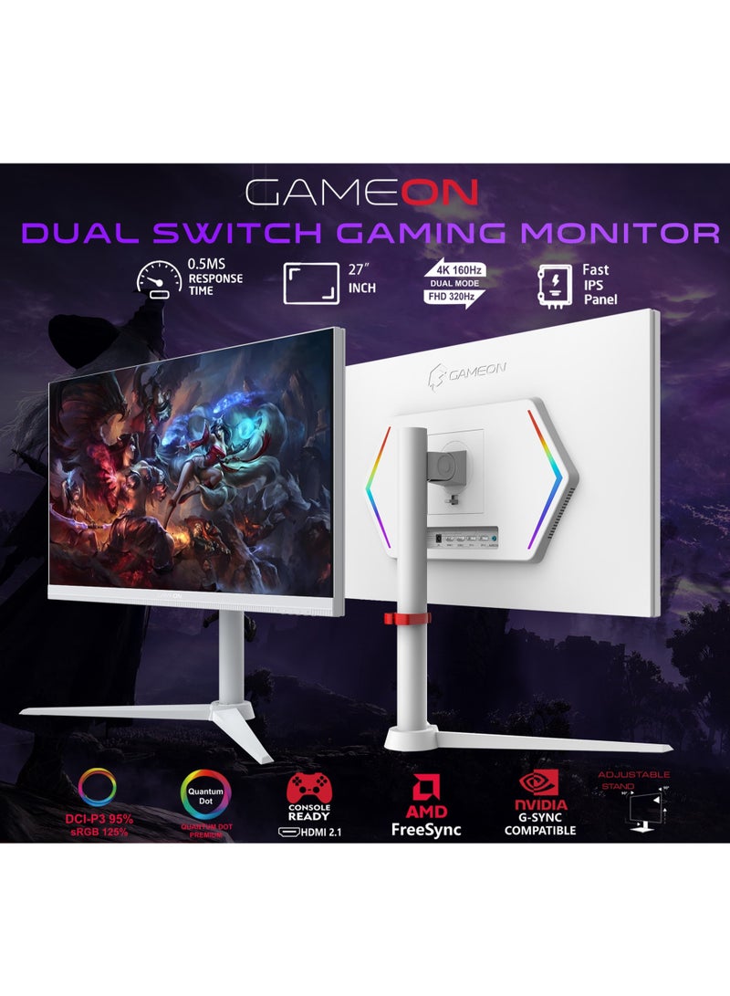 GAMEON 27" Inch Dual Switch Gaming Monitor (1920x1080) FHD, Fast IPS Panel, 160/320Hz Refresh Rate, Response Time 0.5ms, HDMI 2.1, G-Sync & Free Sync, Support PS5 - GOSX27W | White - Image 2