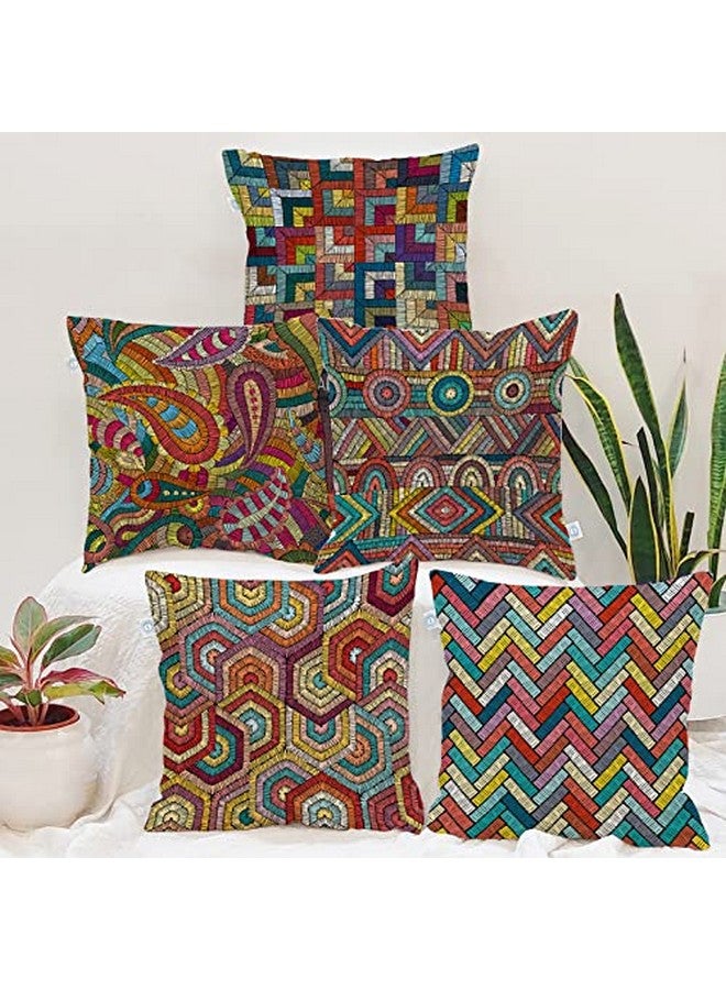STITCHNEST Set of 5 Polycotton Cushion Covers - 24x24 Inches - Multicolor Boho Embroidery-Style Prints - Artistic & Eclectic Sofa Cushion Covers for Living Room & Home Decor - Image 1