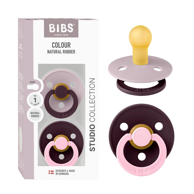 BIBS Colour Studio Pacifier 2-Pack, BPA Free, Round Nipple. Natural Rubber Latex, Made in Denmark, Size 1 (0-6 Months) - Dusky Lilac/Plum - Image 1