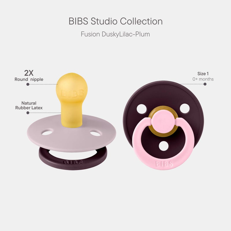 BIBS Colour Studio Pacifier 2-Pack, BPA Free, Round Nipple. Natural Rubber Latex, Made in Denmark, Size 1 (0-6 Months) - Dusky Lilac/Plum - Image 2