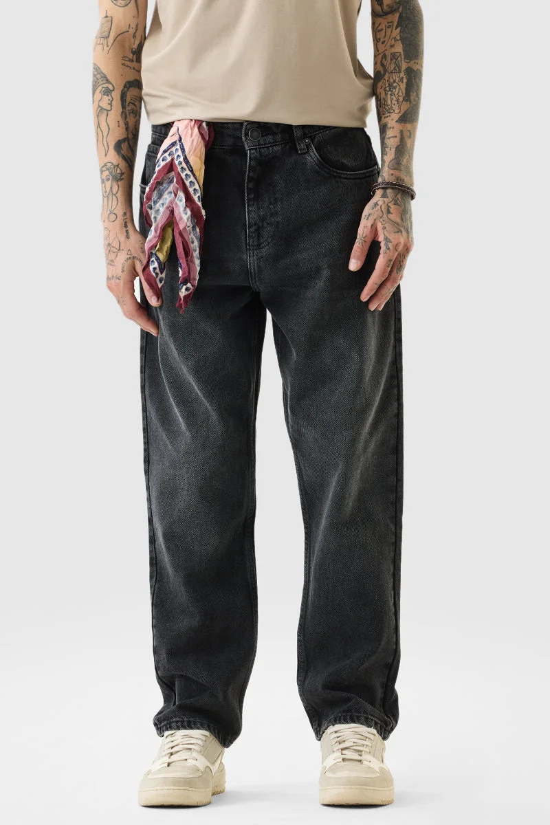 سنيتش Dark Grey Solid Loose Fit Streetwear Jeans