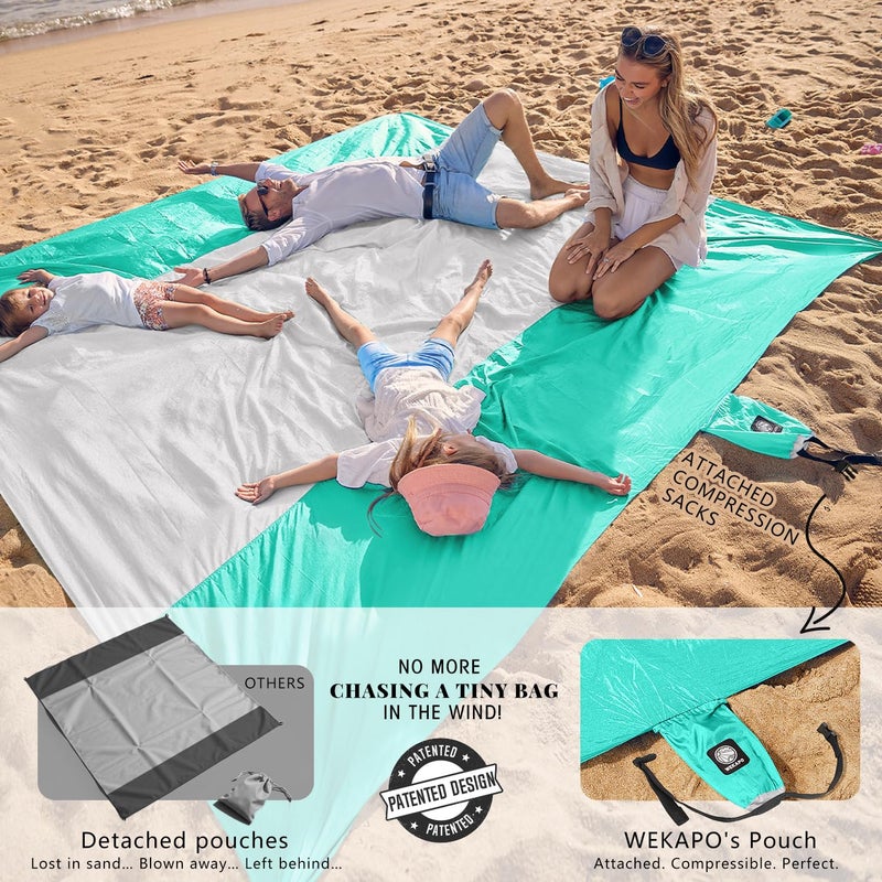 WEKAPO Beach Blanket - Sandproof Waterproof Extra Large Beach Mat | Oversized Sand-Free Lightweight Quick-Drying | Beach Vacation Essentials with Stakes & Corner Pockets (Turquoise, 7x7 FT) - Image 3