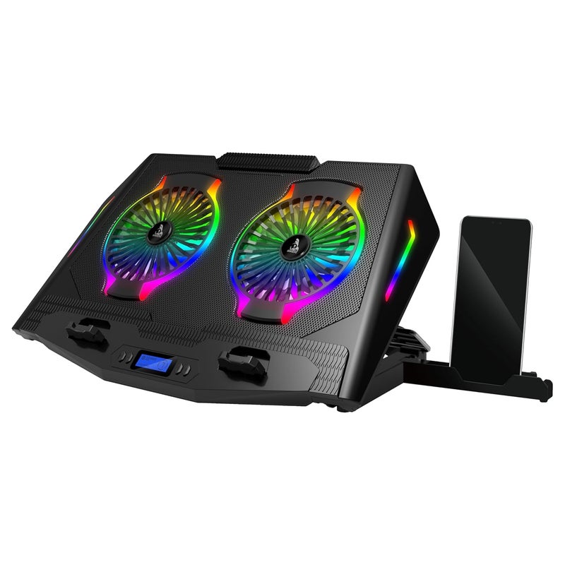 tag Gamerz Thunder Laptop Cooling Pad – 2 Silent RGB Turbo Fans, 7 RGB Modes, Detachable Mobile Holder, 17 inch Notebook Support, 5 Level Height Adjustment, LCD Display, Dual USB Hub, Antislip Baffle - Image 1
