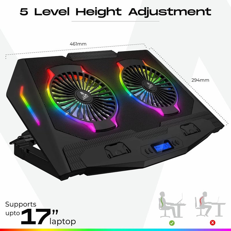 tag Gamerz Thunder Laptop Cooling Pad – 2 Silent RGB Turbo Fans, 7 RGB Modes, Detachable Mobile Holder, 17 inch Notebook Support, 5 Level Height Adjustment, LCD Display, Dual USB Hub, Antislip Baffle - Image 4