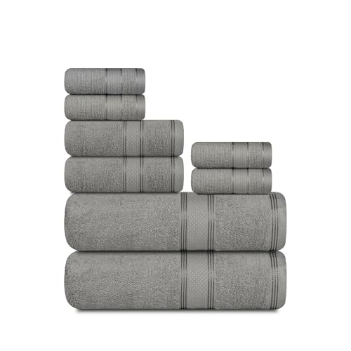 Casa Lino Bath Towel Set of 8 (2 Bath Towels, 4 Wash Cloths & 2 Hand Towels for Bathroom) - 100% Cotton - Highly Absorbent & Quick Dry - Guest Room Essentials for Bathroom Set - (Silver Grey) - Image 1