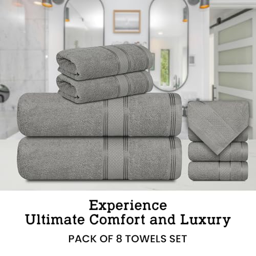 Casa Lino Bath Towel Set of 8 (2 Bath Towels, 4 Wash Cloths & 2 Hand Towels for Bathroom) - 100% Cotton - Highly Absorbent & Quick Dry - Guest Room Essentials for Bathroom Set - (Silver Grey) - Image 2