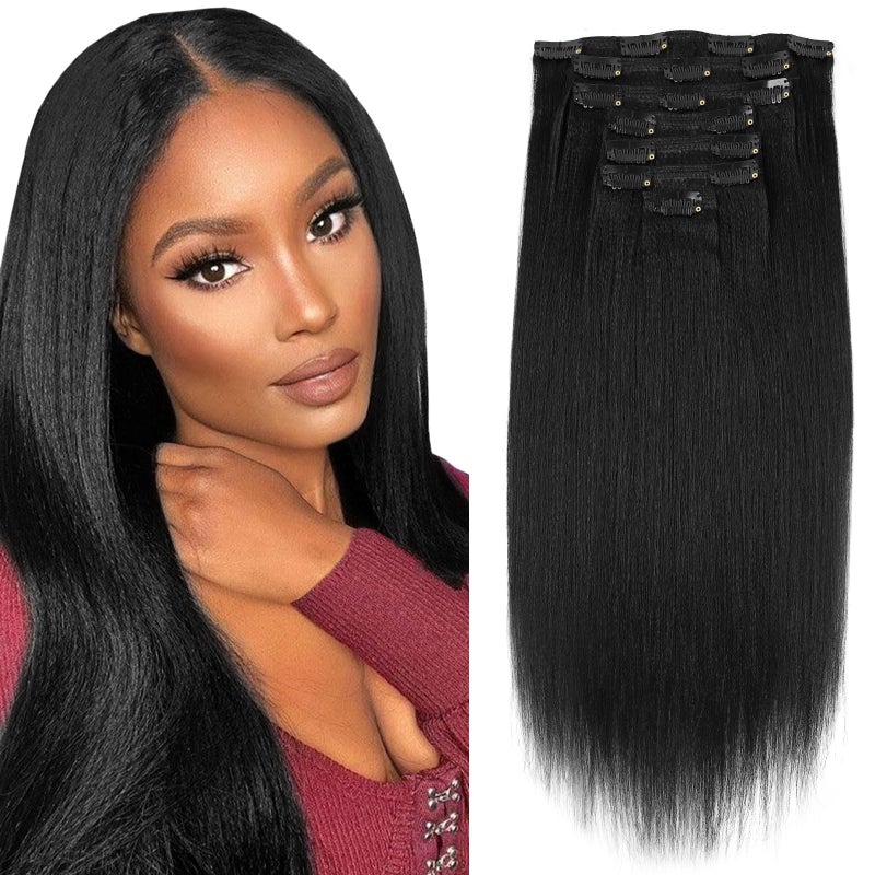 Sassina Remy Yaki Clip in Hair Extensions Human Hair Coarse Yaki Straight Clip ins for Black Women Double Weft Clip ins Full Head 7 Pieces 17 Clips 120 Grams 14 Inch 1