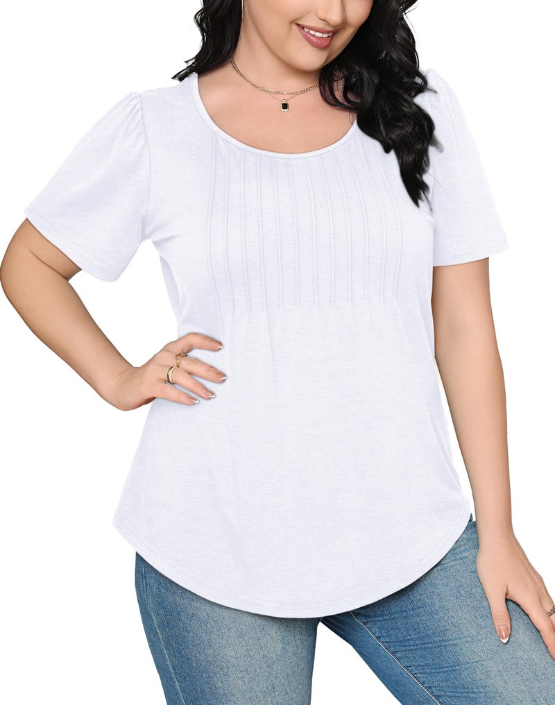 OFEEFAN Womens T Shirts Summer Pleating Round Neck Short Sleeve Plain Tops White XL - Image 4