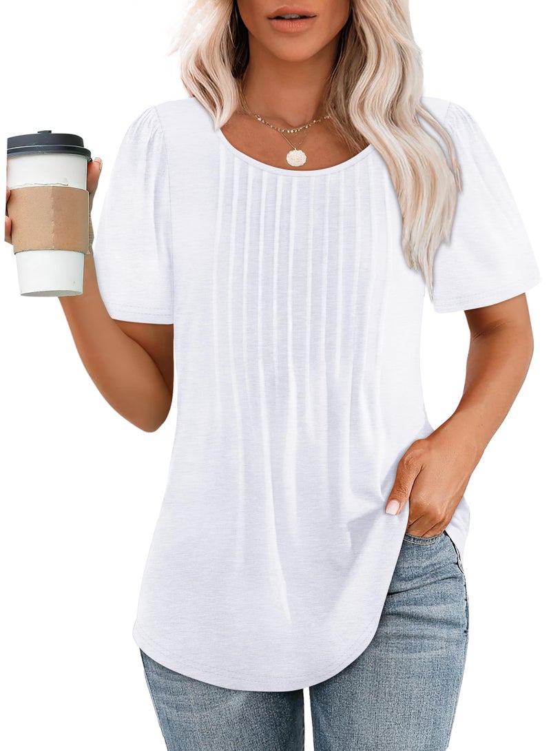 OFEEFAN Womens T Shirts Summer Pleating Round Neck Short Sleeve Plain Tops White XL - Image 1