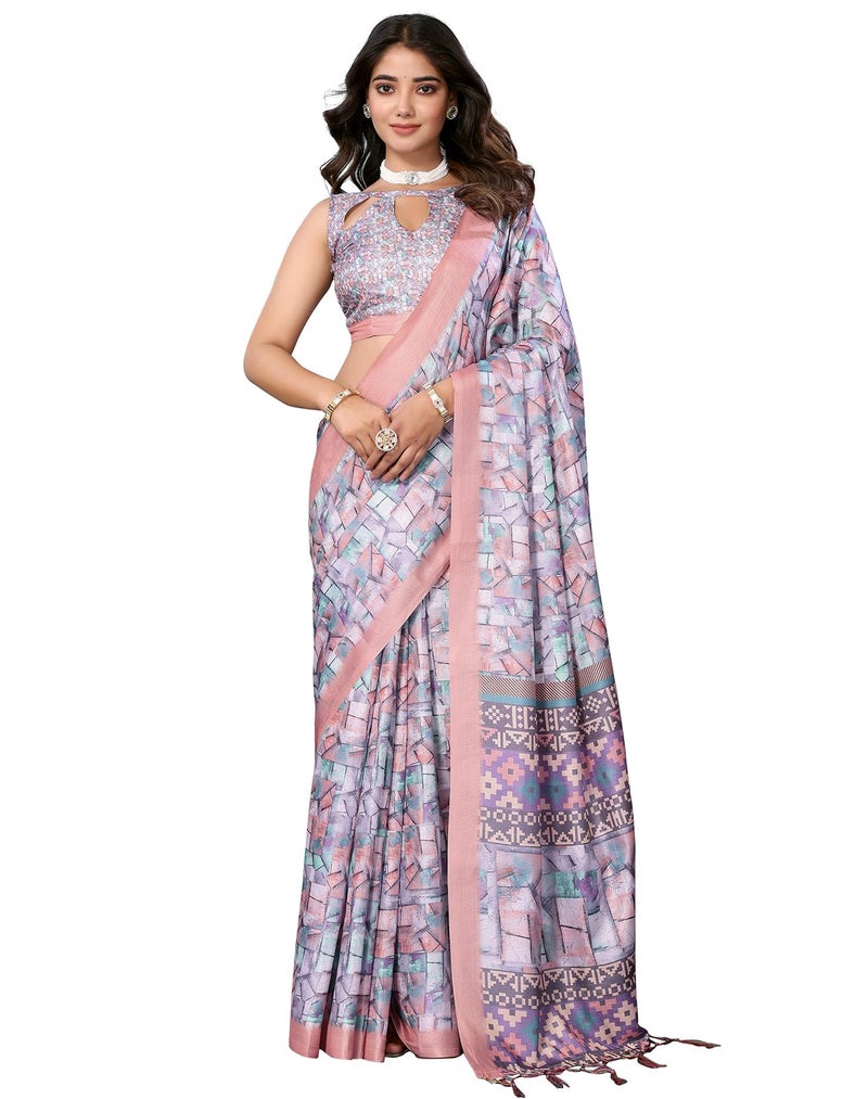 Yashika Women's Digital Print Art Silk Cotton Saree with Tassels and Golden Border - Lightweight and Elegant Ethnic Wear for Festive and Casual Occasions (AZ-YS-P1-PUSHPA 09) - Image 1