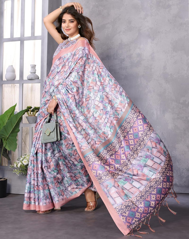 Yashika Women's Digital Print Art Silk Cotton Saree with Tassels and Golden Border - Lightweight and Elegant Ethnic Wear for Festive and Casual Occasions (AZ-YS-P1-PUSHPA 09) - Image 3