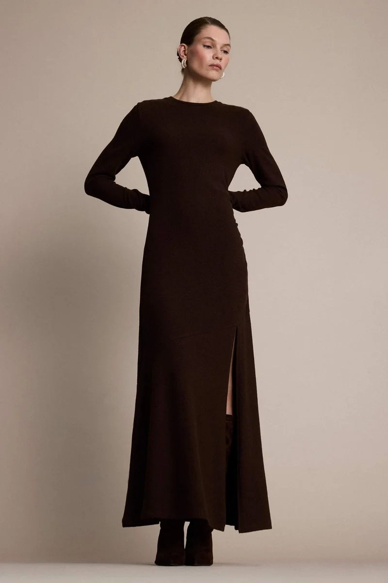 DeFacto Crew Neck Slit Long Sleeve Midi Dress
