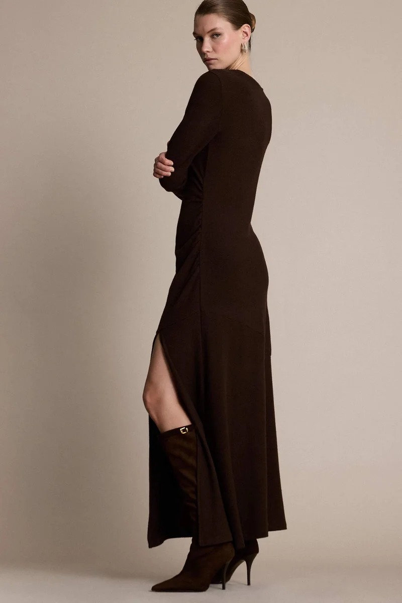 DeFacto Crew Neck Slit Long Sleeve Midi Dress