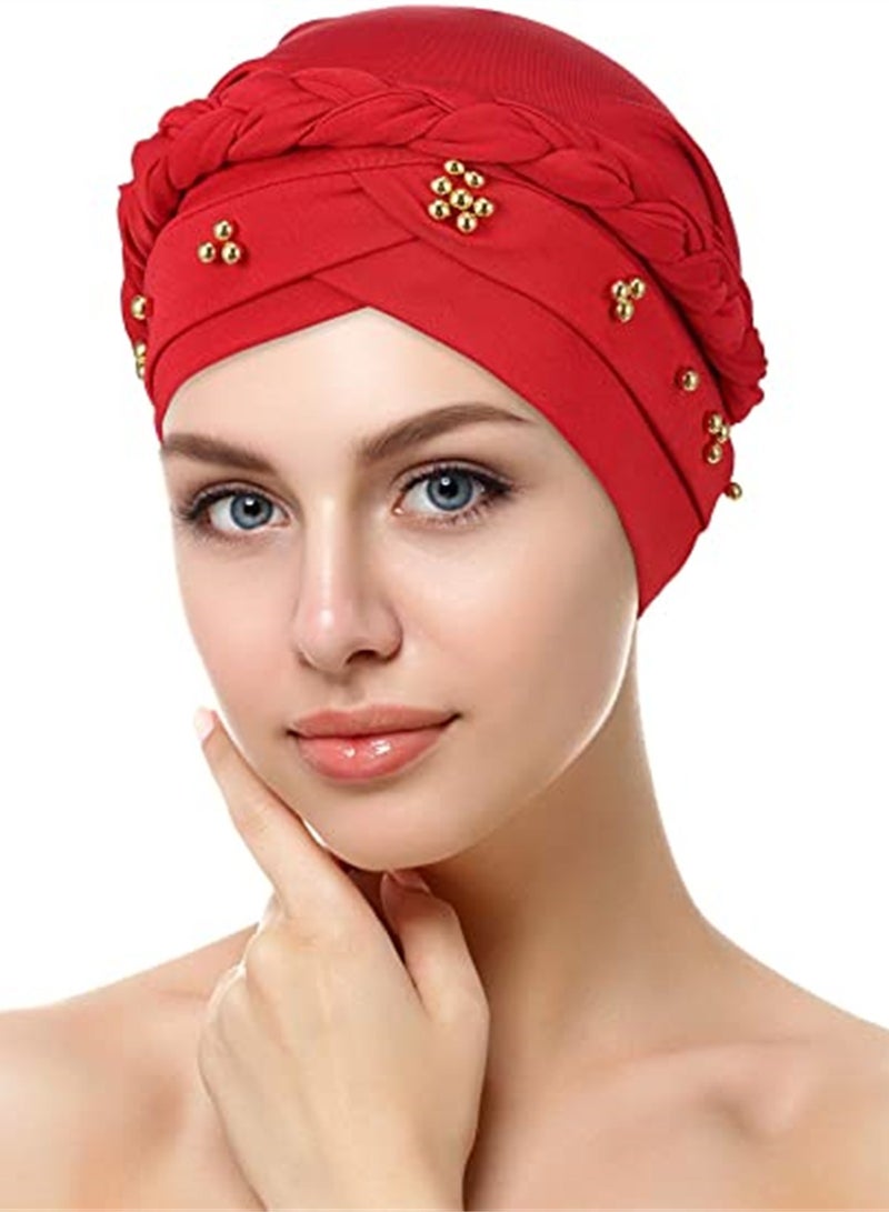 SYOSI Women Turban, 4 Pieces African Women Turban Cap Beaded Headscarf Beanie Twisted Braid Wrap Hat Faux Pearl Headwrap - Image 2