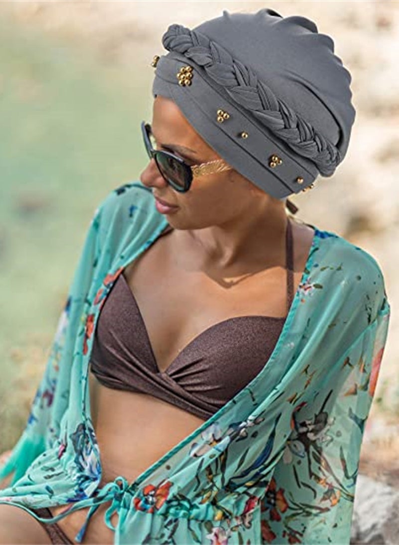 SYOSI Women Turban, 4 Pieces African Women Turban Cap Beaded Headscarf Beanie Twisted Braid Wrap Hat Faux Pearl Headwrap - Image 3