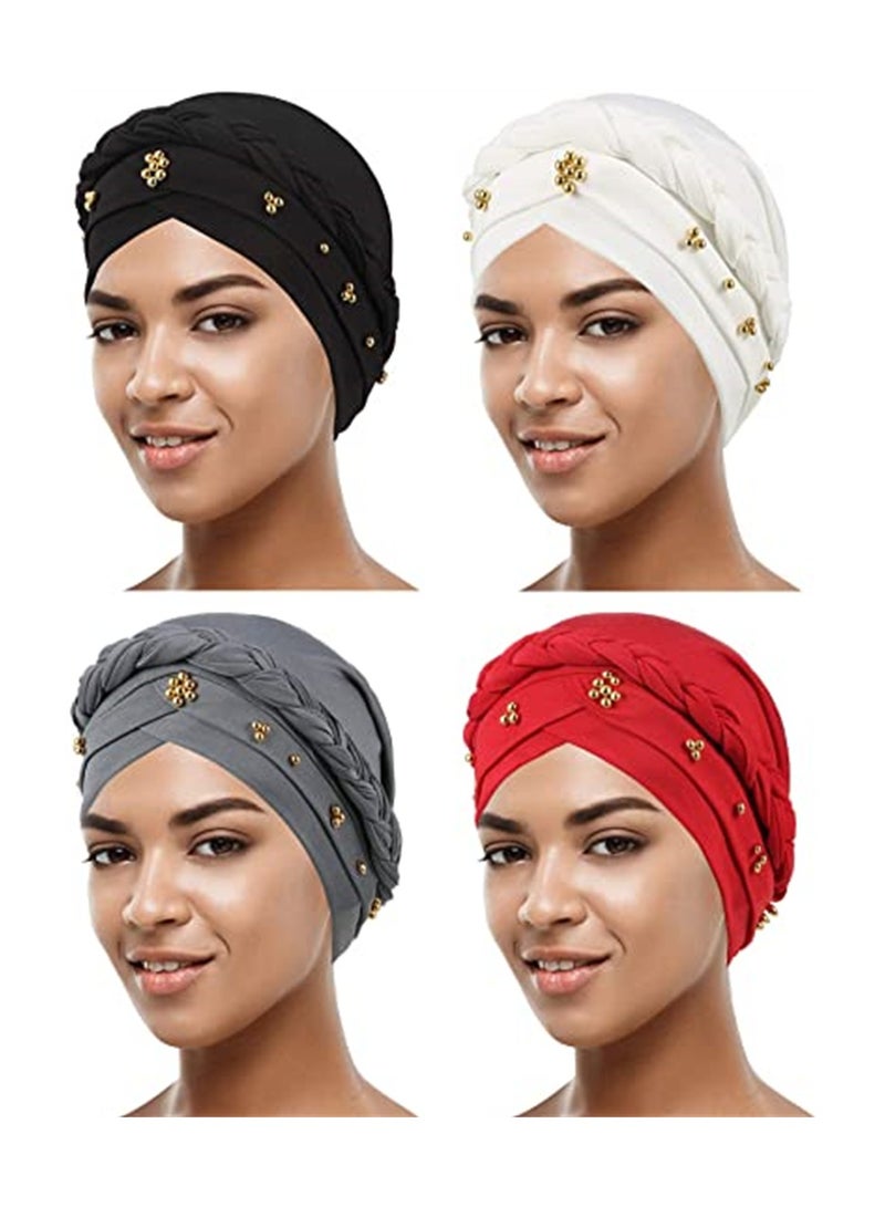 SYOSI Women Turban, 4 Pieces African Women Turban Cap Beaded Headscarf Beanie Twisted Braid Wrap Hat Faux Pearl Headwrap - Image 1