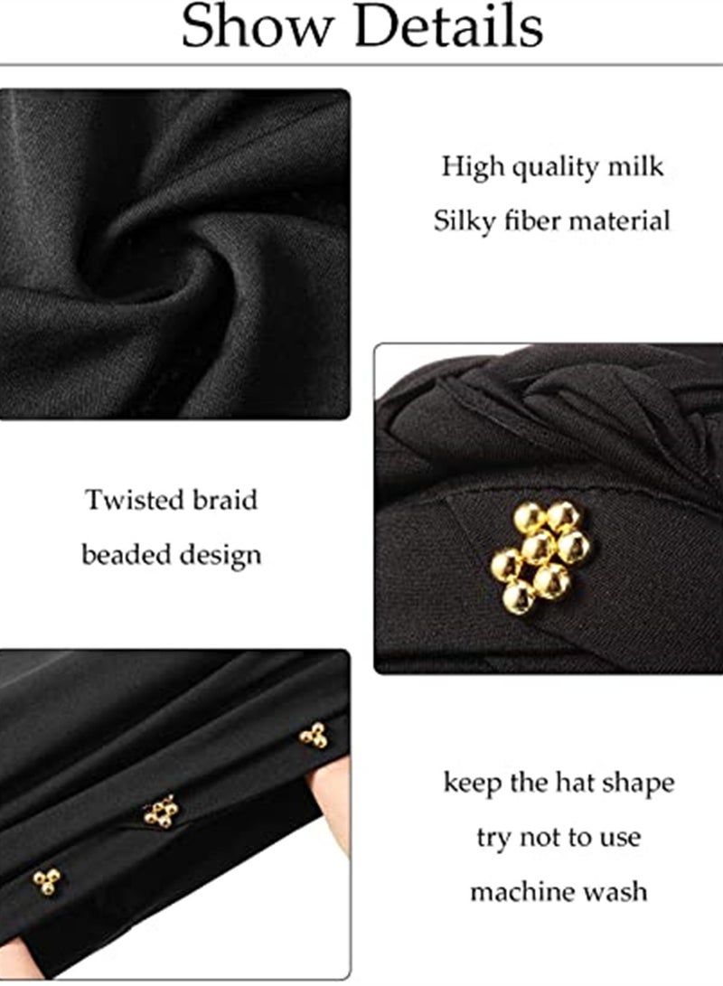 SYOSI Women Turban, 4 Pieces African Women Turban Cap Beaded Headscarf Beanie Twisted Braid Wrap Hat Faux Pearl Headwrap - Image 5