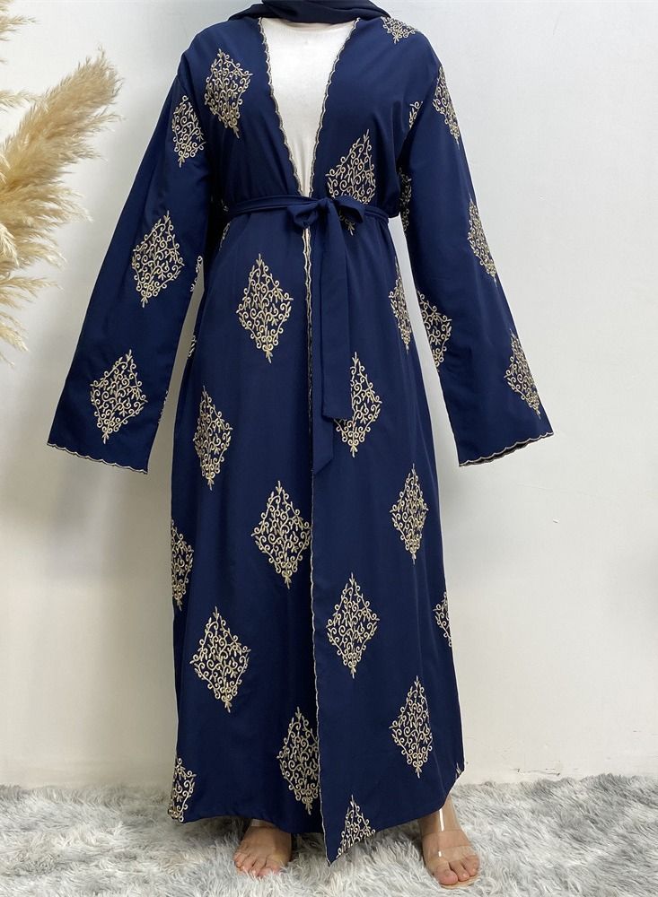 Loquat Heavy Embroidery Cardigan Gown Abaya Blue - Image 1