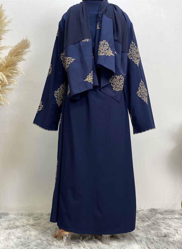 Loquat Heavy Embroidery Cardigan Gown Abaya Blue - Image 3