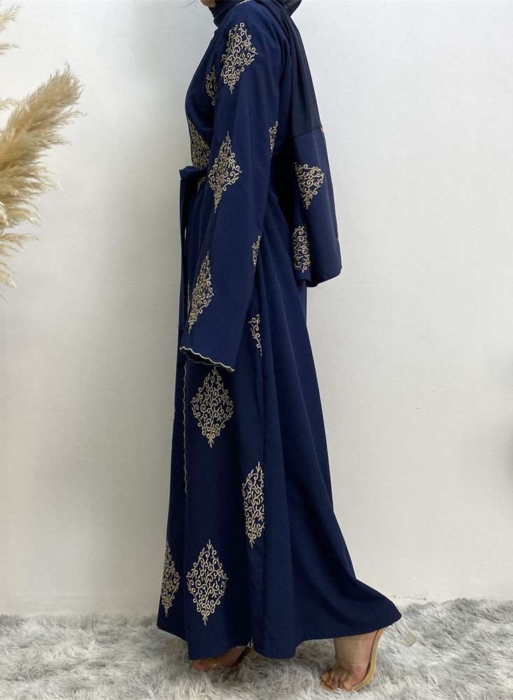 Loquat Heavy Embroidery Cardigan Gown Abaya Blue - Image 2