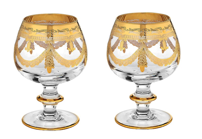 Interglass Interglass Italy Luxury Crystal Brandy Snifters Vintage Design 24kt Gold Hand Decorated Cognac Goblets Set of 2 