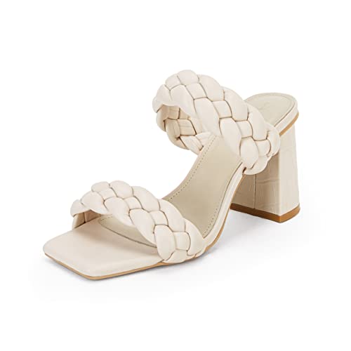 Syktkmx Womens Braided Heels Sandals Chunky Block Heel Double Strap Summer Dressy Sandal, Nude, Size 7 - Image 1