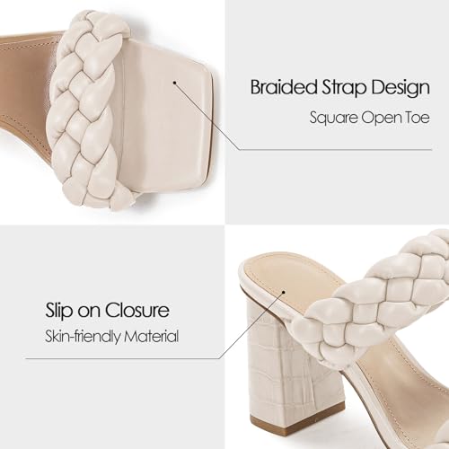Syktkmx Womens Braided Heels Sandals Chunky Block Heel Double Strap Summer Dressy Sandal, Nude, Size 7 - Image 3