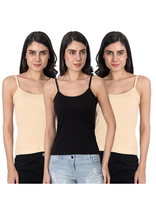 Aimly Women Cotton Regular Fit Camisole Pack of 3, Contains 2 Beige 1 Black Colors - Image 1