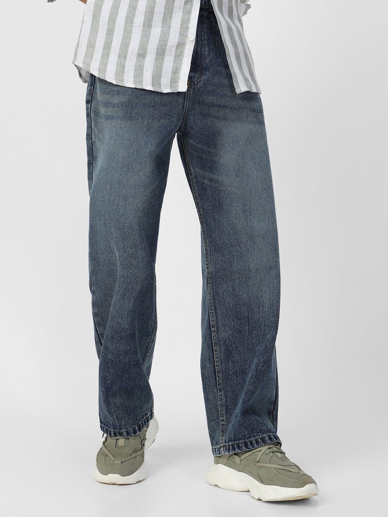 Urbano Fashion Men's Blue Loose Baggy Fit Washed Jeans Non-Stretchable - Image 1
