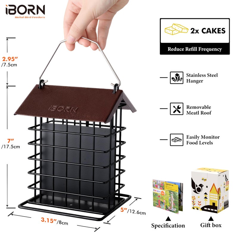 iBorn Suet Feeder for Outside Hanging,Suet Bird Feeders for Outdoors,Suet Holder With Squirrel Proof Hanger Hook,Suet Cage Bird Feeder,Woodpecker Feeder,Weatherproof Metal Roof,All Metal,1 Pack,Coffee - Image 2