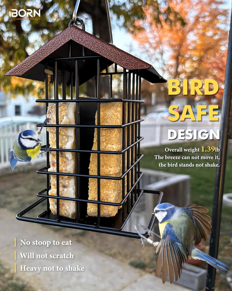 iBorn Suet Feeder for Outside Hanging,Suet Bird Feeders for Outdoors,Suet Holder With Squirrel Proof Hanger Hook,Suet Cage Bird Feeder,Woodpecker Feeder,Weatherproof Metal Roof,All Metal,1 Pack,Coffee - Image 5