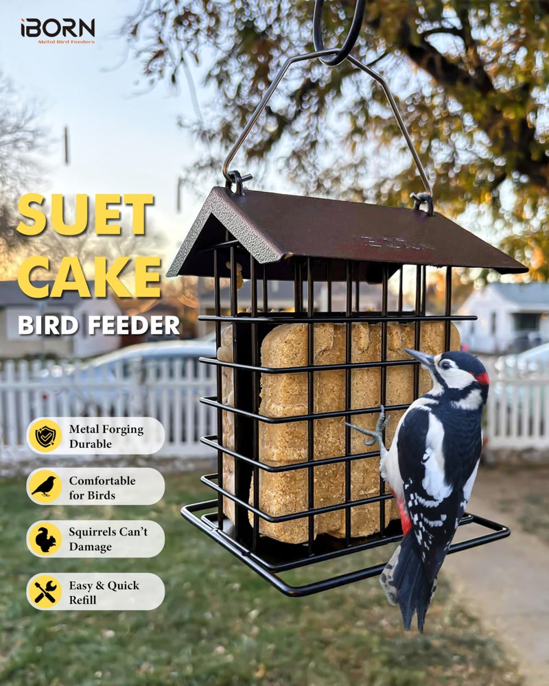 iBorn Suet Feeder for Outside Hanging,Suet Bird Feeders for Outdoors,Suet Holder With Squirrel Proof Hanger Hook,Suet Cage Bird Feeder,Woodpecker Feeder,Weatherproof Metal Roof,All Metal,1 Pack,Coffee - Image 4