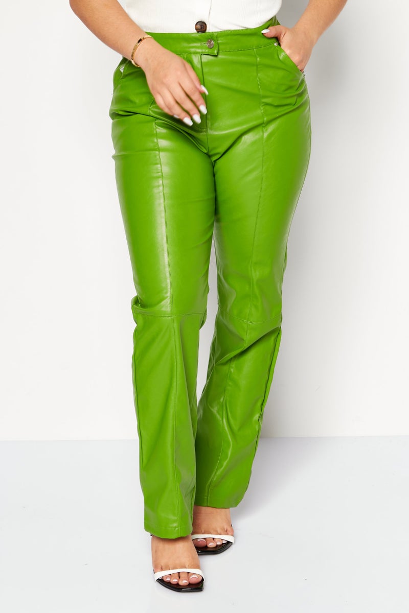 4th & Reckless Women Regular Fit Solid Leather Straight Leg Pants, Green - Image 1