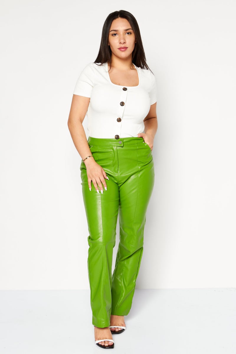 4th & Reckless Women Regular Fit Solid Leather Straight Leg Pants, Green - Image 3