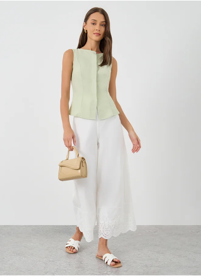 ستايلي Styli Solid Schiffli Hem Wide Leg Pants