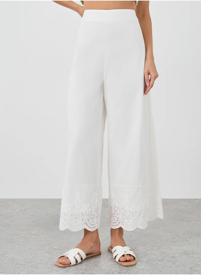 ستايلي Styli Solid Schiffli Hem Wide Leg Pants