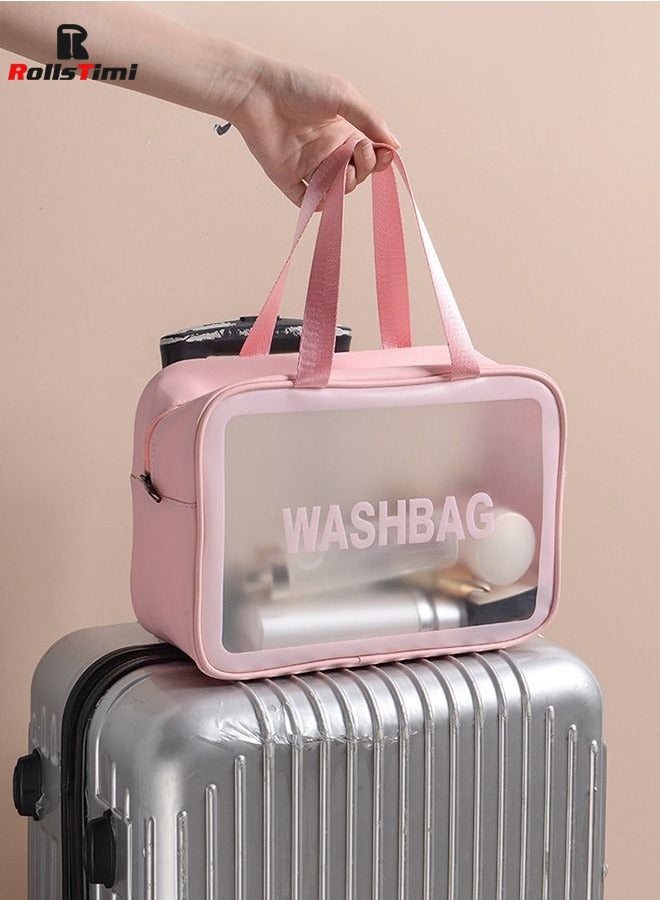 RollsTimi  4-Piece Clear Makeup Bag, Pink Square Cosmetic Large Makeup Case, Travel Leather Toiletry Women Organizer Multi purpose Transparent Waterproof Pouch - Image 2
