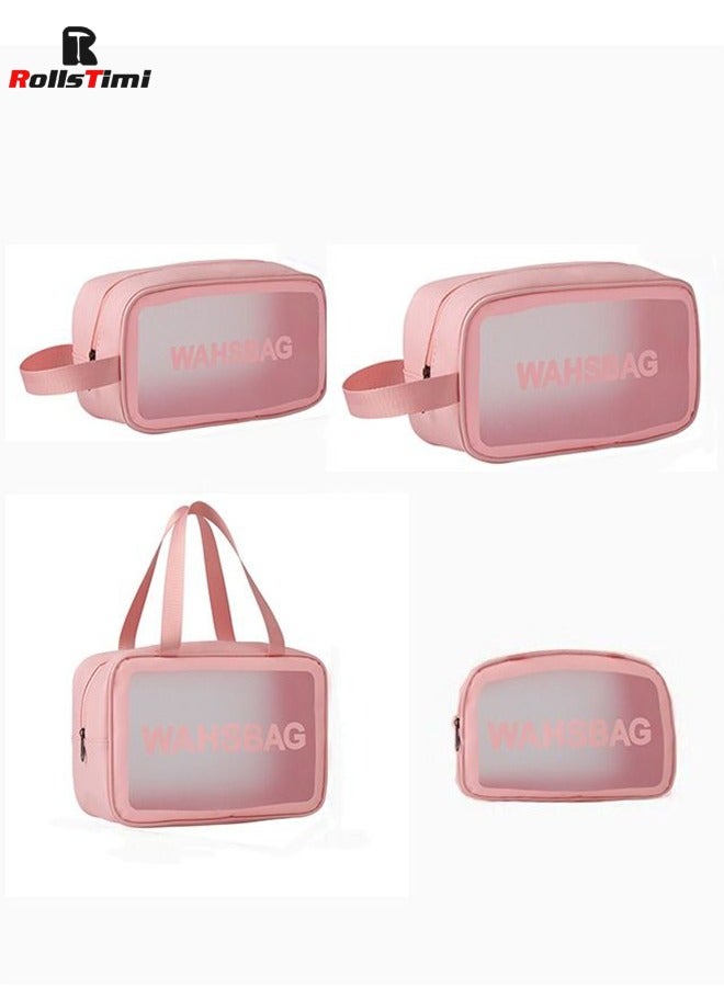 RollsTimi  4-Piece Clear Makeup Bag, Pink Square Cosmetic Large Makeup Case, Travel Leather Toiletry Women Organizer Multi purpose Transparent Waterproof Pouch - Image 1
