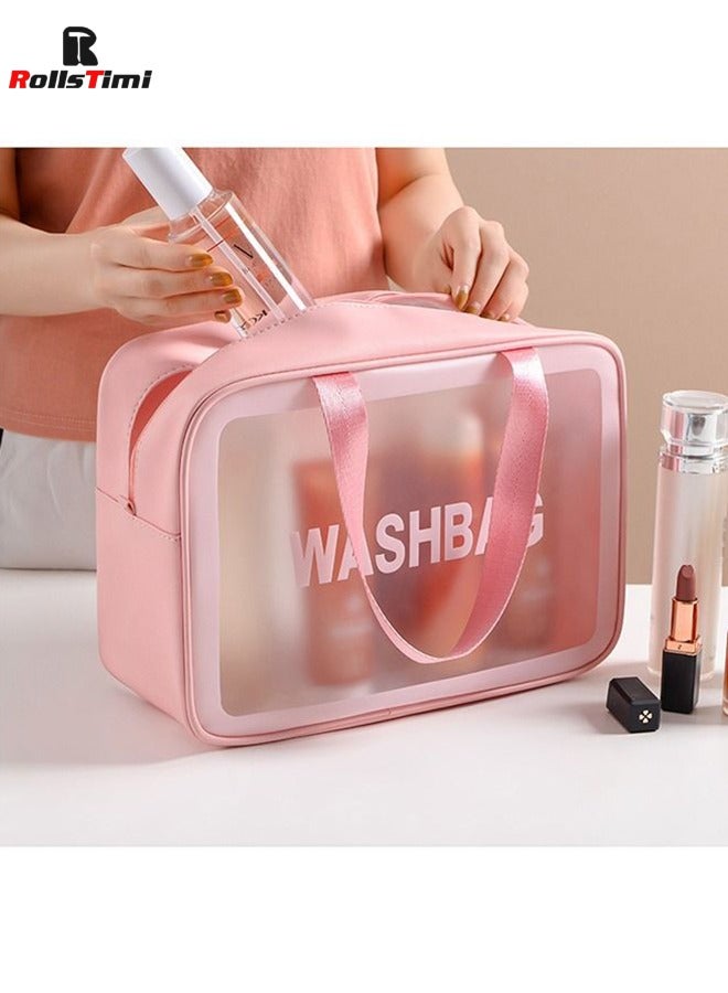 RollsTimi  4-Piece Clear Makeup Bag, Pink Square Cosmetic Large Makeup Case, Travel Leather Toiletry Women Organizer Multi purpose Transparent Waterproof Pouch - Image 4