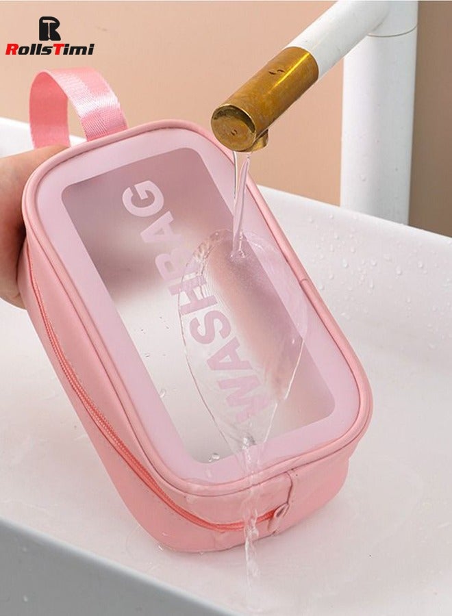 RollsTimi  4-Piece Clear Makeup Bag, Pink Square Cosmetic Large Makeup Case, Travel Leather Toiletry Women Organizer Multi purpose Transparent Waterproof Pouch - Image 5