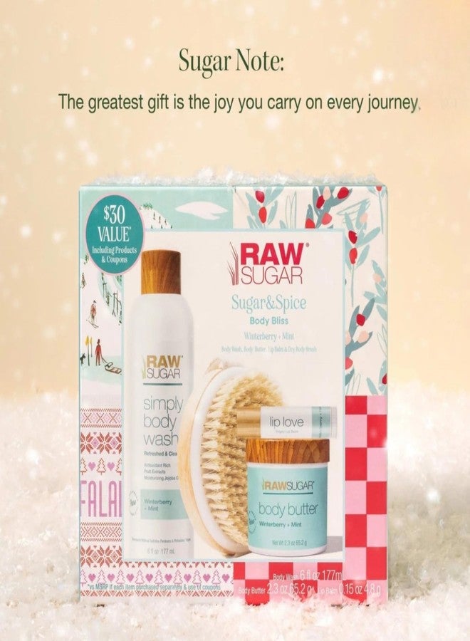 Raw Sugar Body Bliss Gift Set, Winterberry + Mint, Body Wash 6 fl oz, Body Butter 2.3 oz, Lip Balm and Body Brush - Image 3