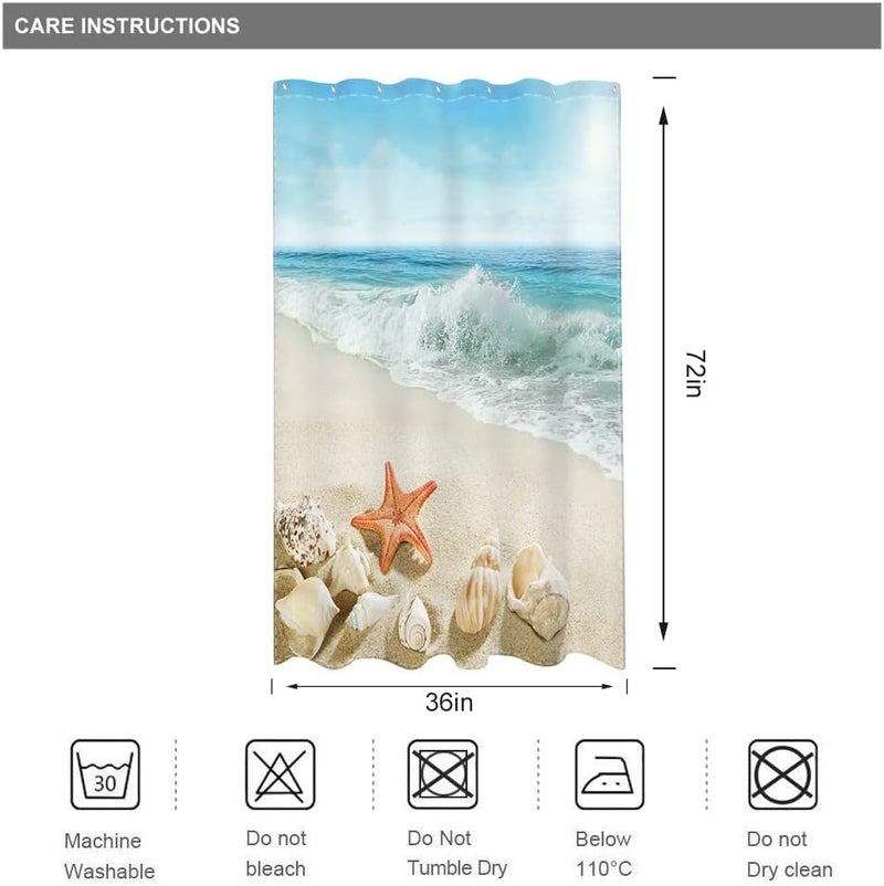 Riyidecor Stall Small Shower Curtain 36Wx72H Inch Half Beach Starfish Ocean Seashell Coastal Sea Wave Seaside Island Summer Scenery Decor Fabric Polyester Waterproof Fabric 7 Pack Plastic Hook WWIHTB - Image 5