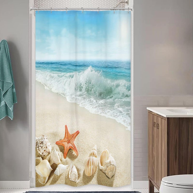 Riyidecor Stall Small Shower Curtain 36Wx72H Inch Half Beach Starfish Ocean Seashell Coastal Sea Wave Seaside Island Summer Scenery Decor Fabric Polyester Waterproof Fabric 7 Pack Plastic Hook WWIHTB - Image 2