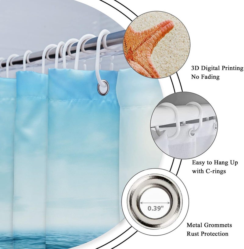 Riyidecor Stall Small Shower Curtain 36Wx72H Inch Half Beach Starfish Ocean Seashell Coastal Sea Wave Seaside Island Summer Scenery Decor Fabric Polyester Waterproof Fabric 7 Pack Plastic Hook WWIHTB - Image 3