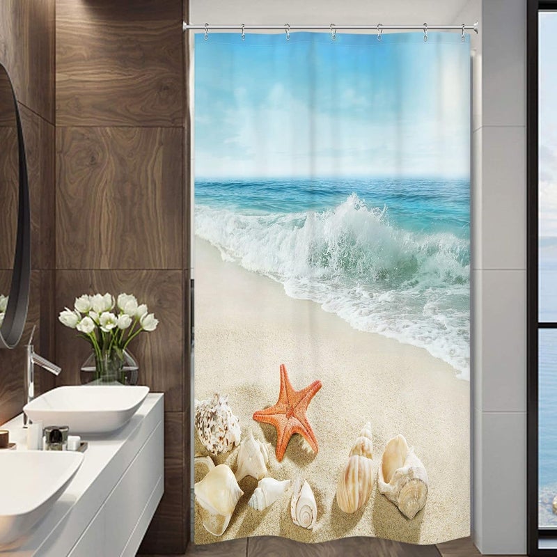 Riyidecor Stall Small Shower Curtain 36Wx72H Inch Half Beach Starfish Ocean Seashell Coastal Sea Wave Seaside Island Summer Scenery Decor Fabric Polyester Waterproof Fabric 7 Pack Plastic Hook WWIHTB - Image 1